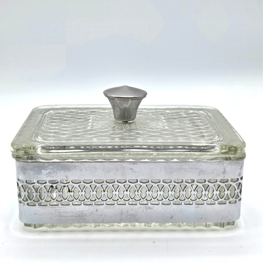 SQUARE Filigree Metal‎ & Glass Trinket-Jewelry Box With Glass Lid Casket Vintage